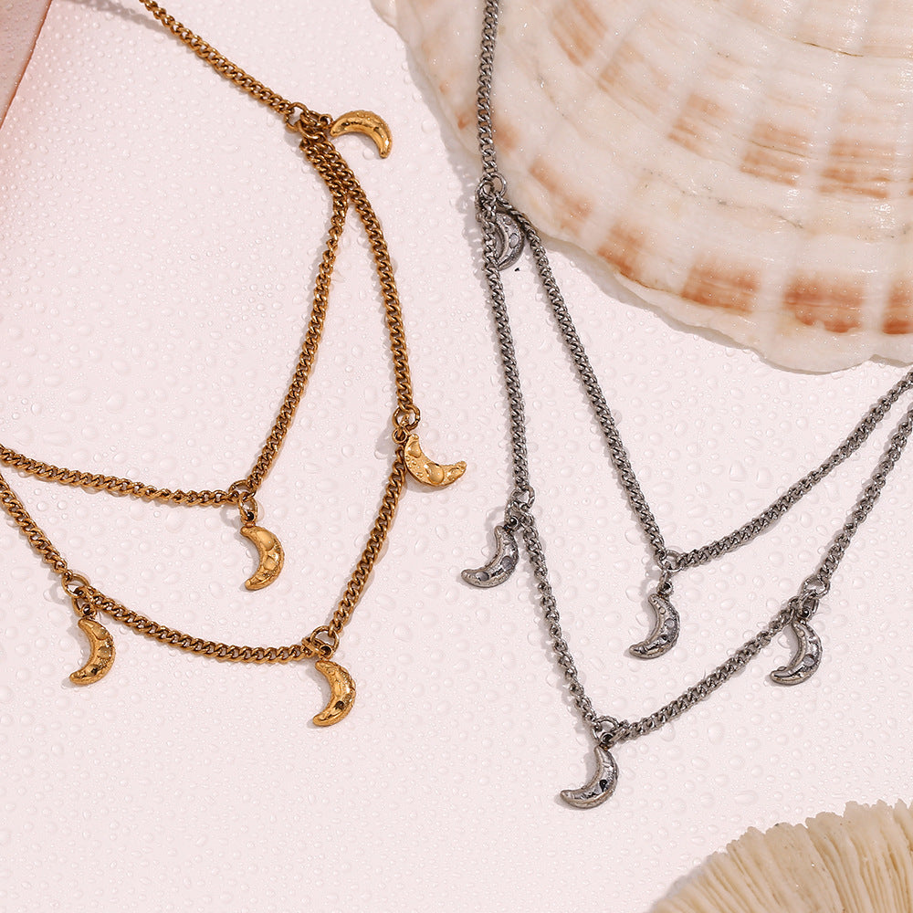 Layered Crescent Moon Charm Necklace - Silvery - 3