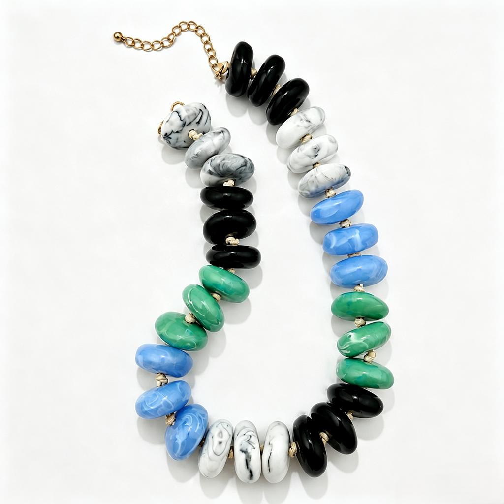 Oversized Marbled Resin Bead Statement Necklace - Color_14