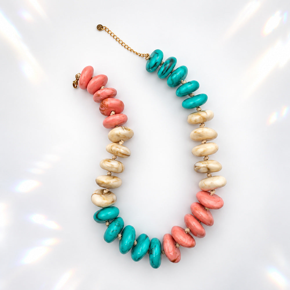 Oversized Marbled Resin Bead Statement Necklace - Color_19