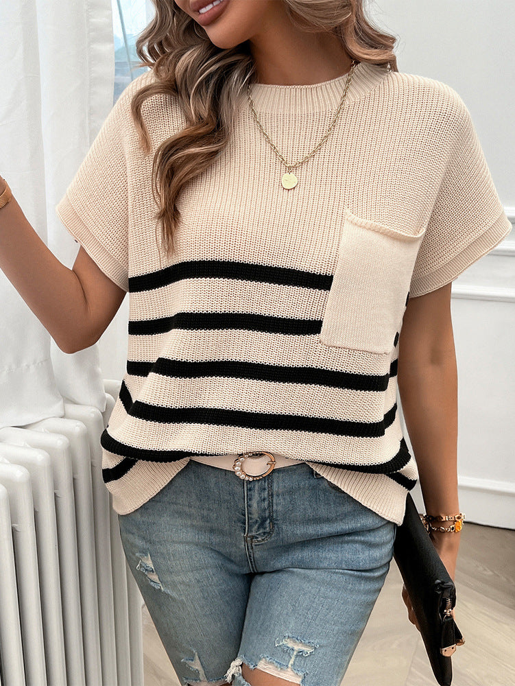 Striped Chest Pocket Short Sleeve Sweater - Apricot