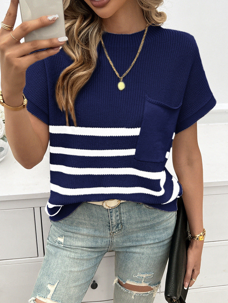 Striped Chest Pocket Short Sleeve Sweater - Darkblue - 1