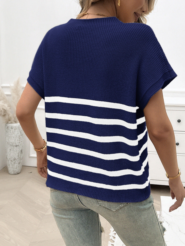 Striped Chest Pocket Short Sleeve Sweater - Darkblue - 2