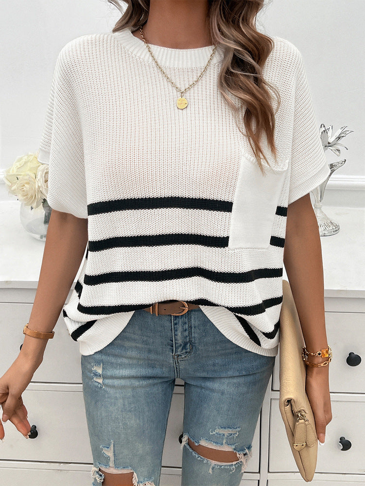 Striped Chest Pocket Short Sleeve Sweater - White