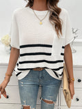 Striped Chest Pocket Short Sleeve Sweater - White