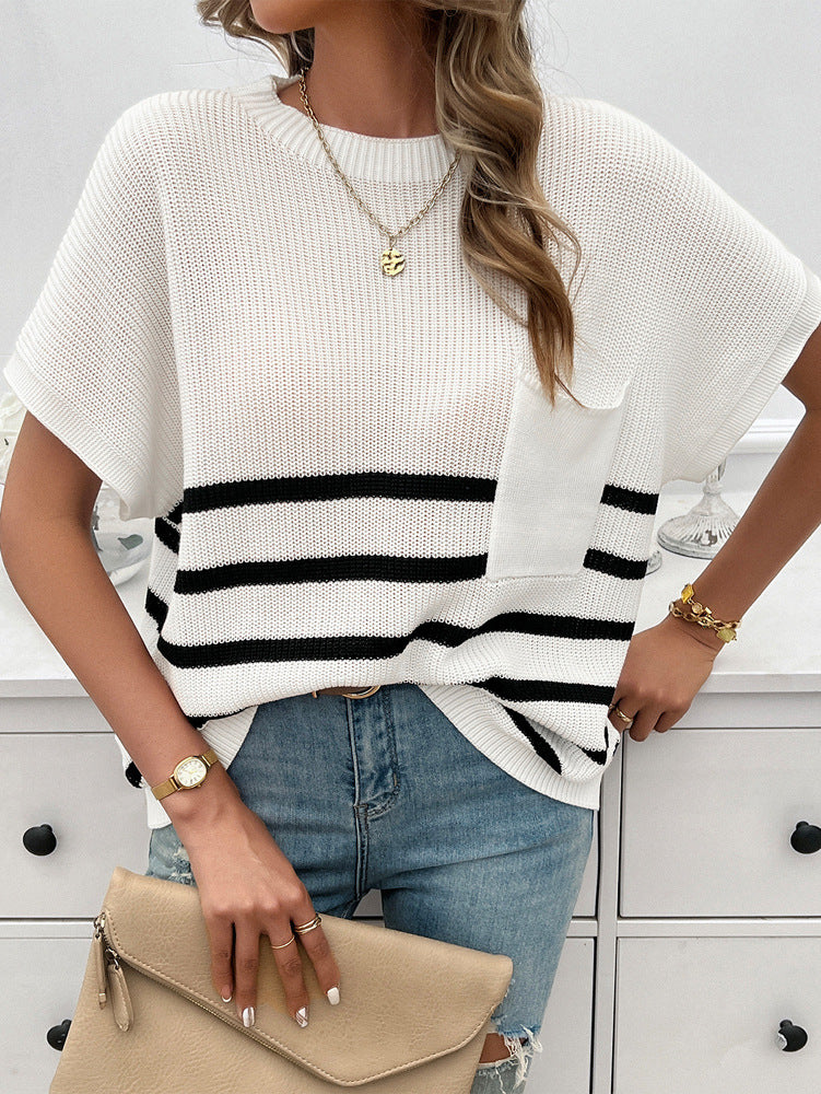 Striped Chest Pocket Short Sleeve Sweater - White - 2
