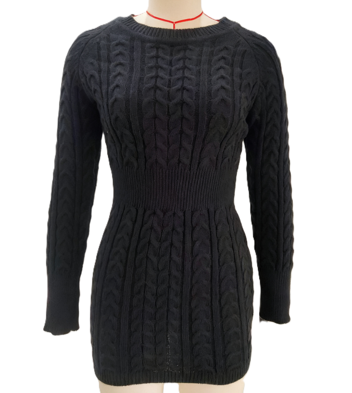 Cable Knit Bodycon Mini Sweater Dress - Black