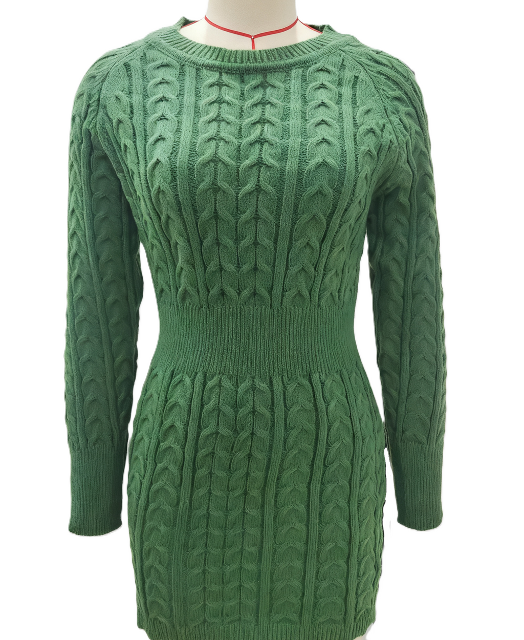 Cable Knit Bodycon Mini Sweater Dress - Green