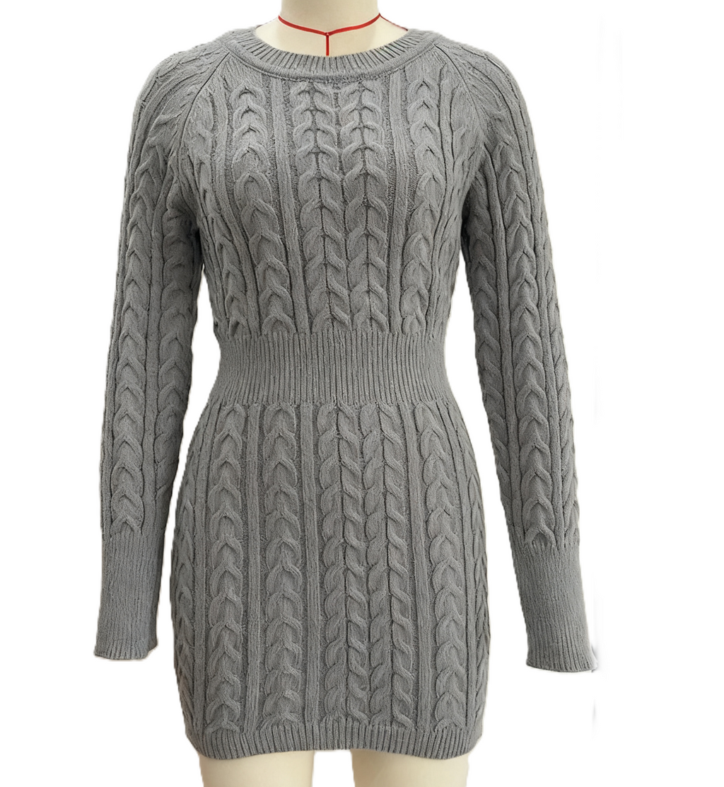 Cable Knit Bodycon Mini Sweater Dress - Grey