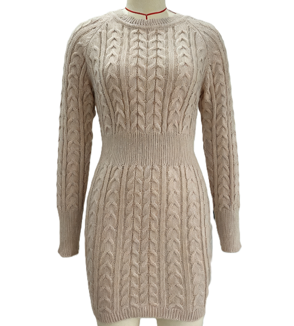 Cable Knit Bodycon Mini Sweater Dress - Khaki