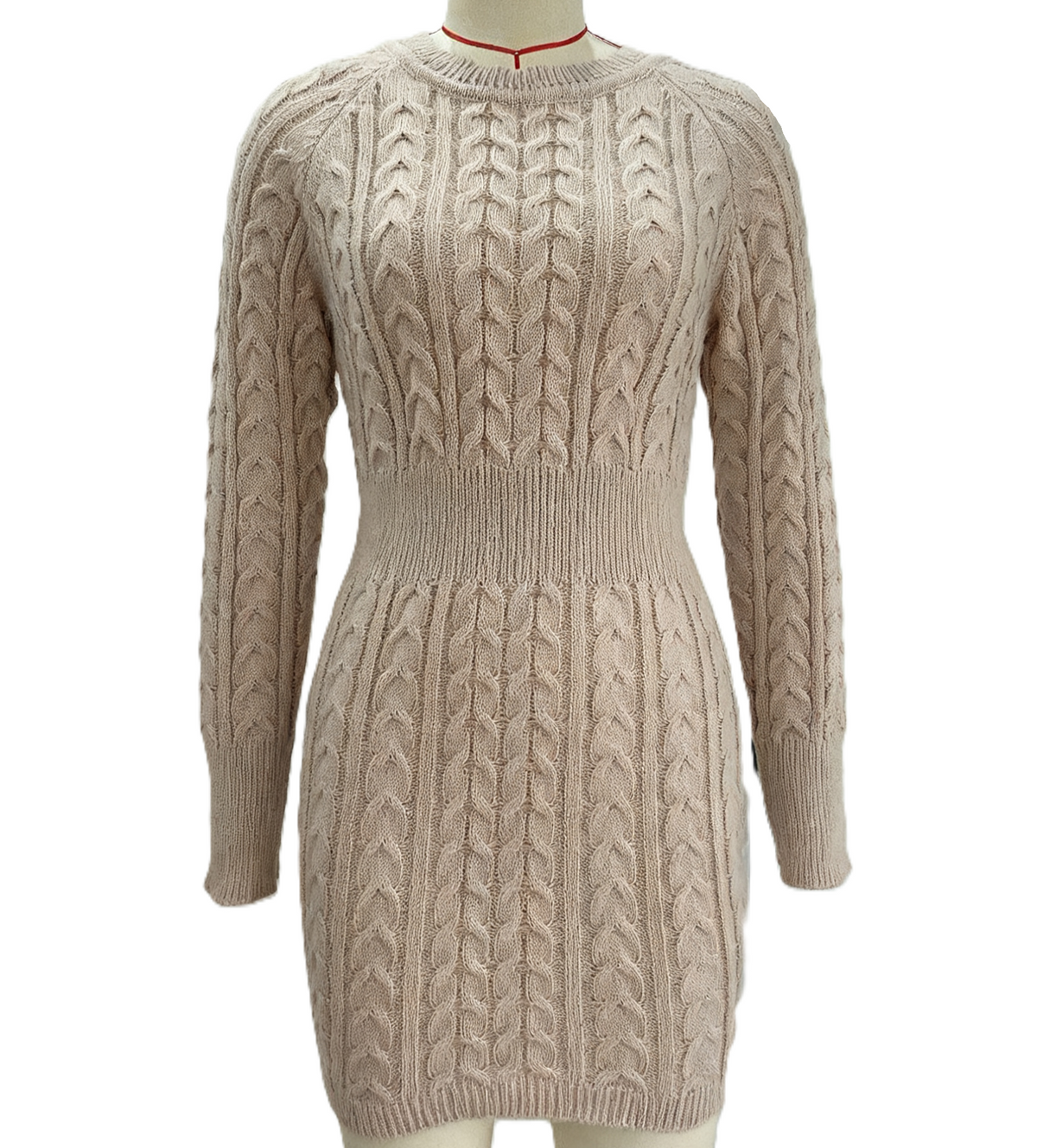 Cable Knit Bodycon Mini Sweater Dress - Khaki
