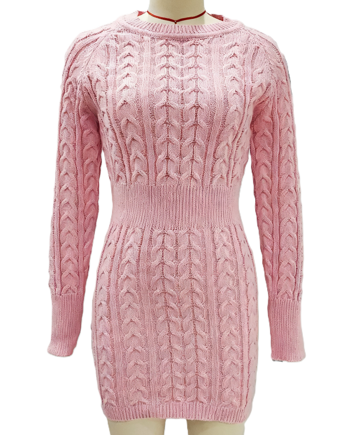 Cable Knit Bodycon Mini Sweater Dress - Pink