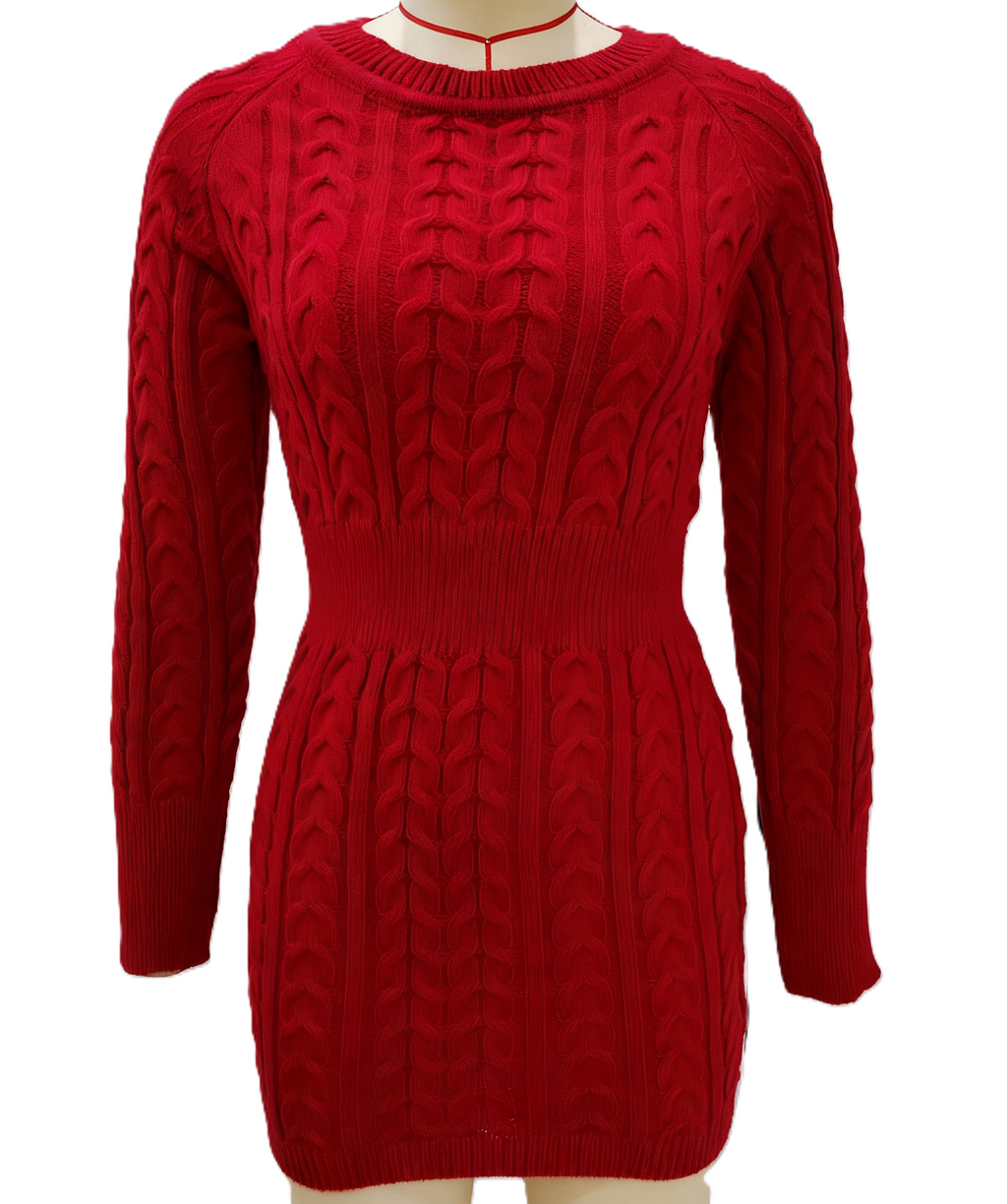 Cable Knit Bodycon Mini Sweater Dress - Red