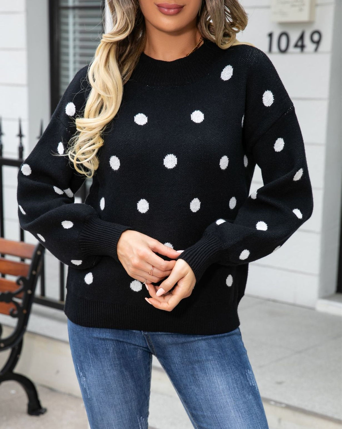 Polka Dot Balloon Sleeve Knit Jumper - Black - 2