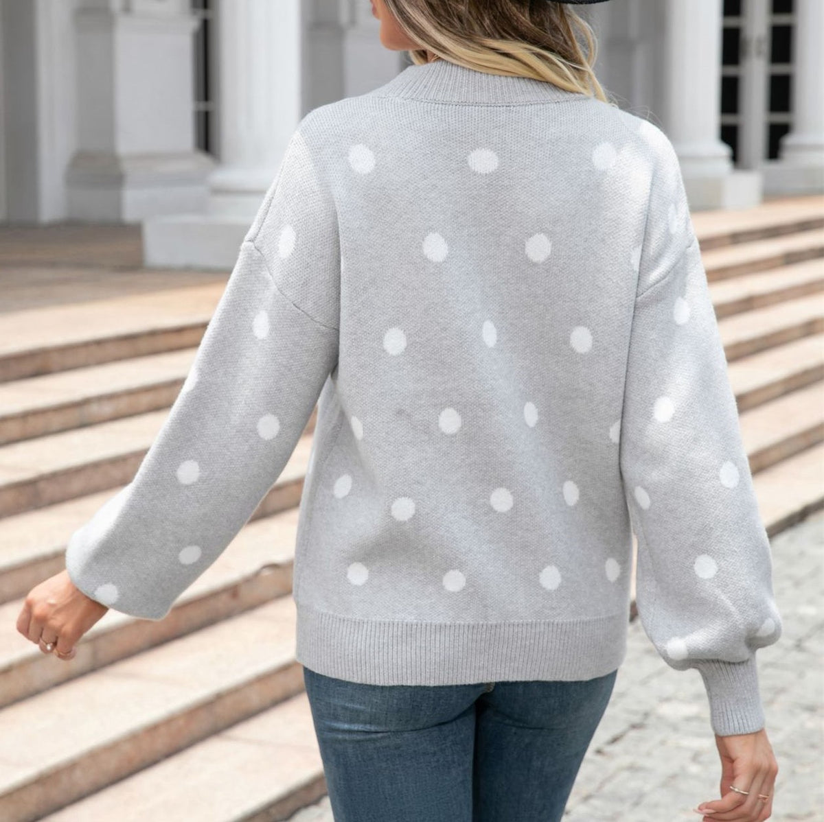 Polka Dot Balloon Sleeve Knit Jumper - Grey - 3