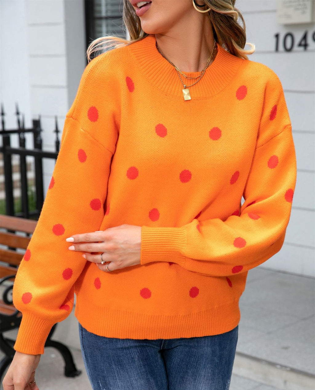 Polka Dot Balloon Sleeve Knit Jumper - Orange