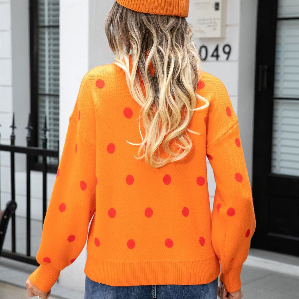 Polka Dot Balloon Sleeve Knit Jumper - Orange - 1