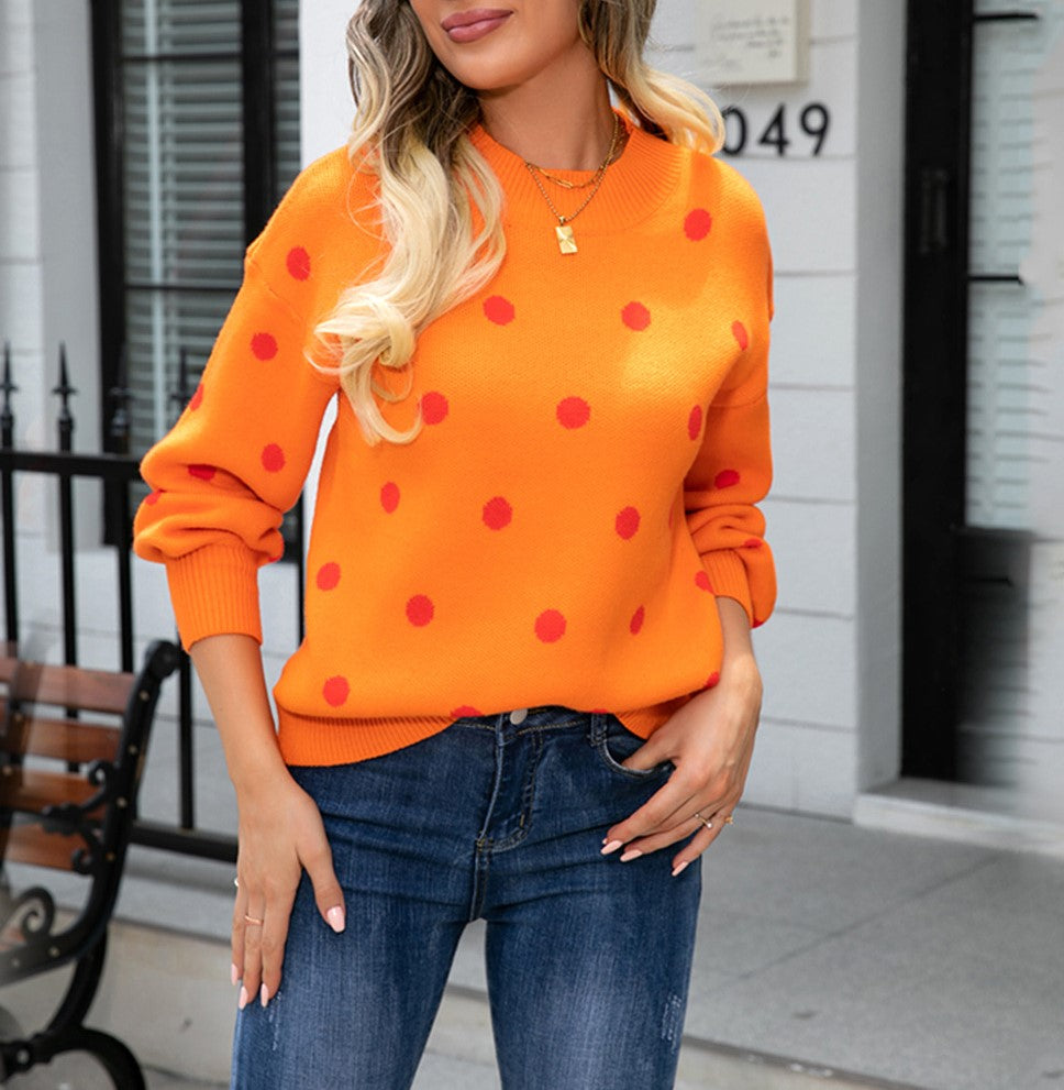 Polka Dot Balloon Sleeve Knit Jumper - Orange - 2