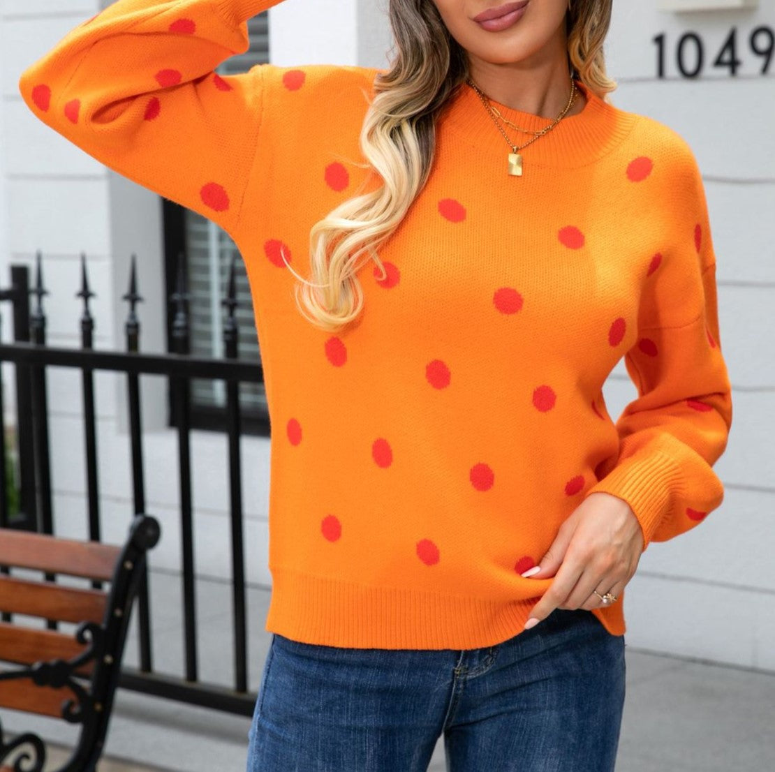 Polka Dot Balloon Sleeve Knit Jumper - Orange - 3