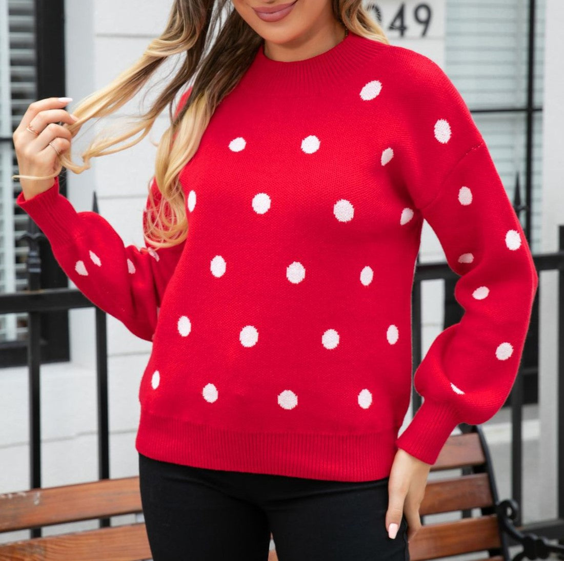 Polka Dot Balloon Sleeve Knit Jumper - Red