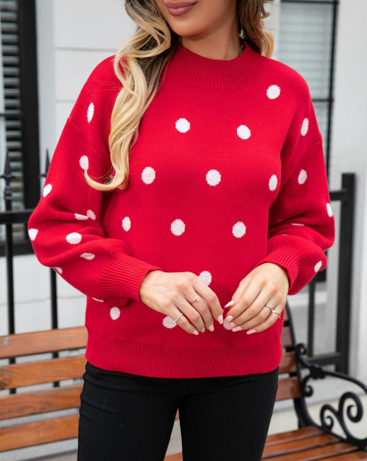 Polka Dot Balloon Sleeve Knit Jumper - Red - 1