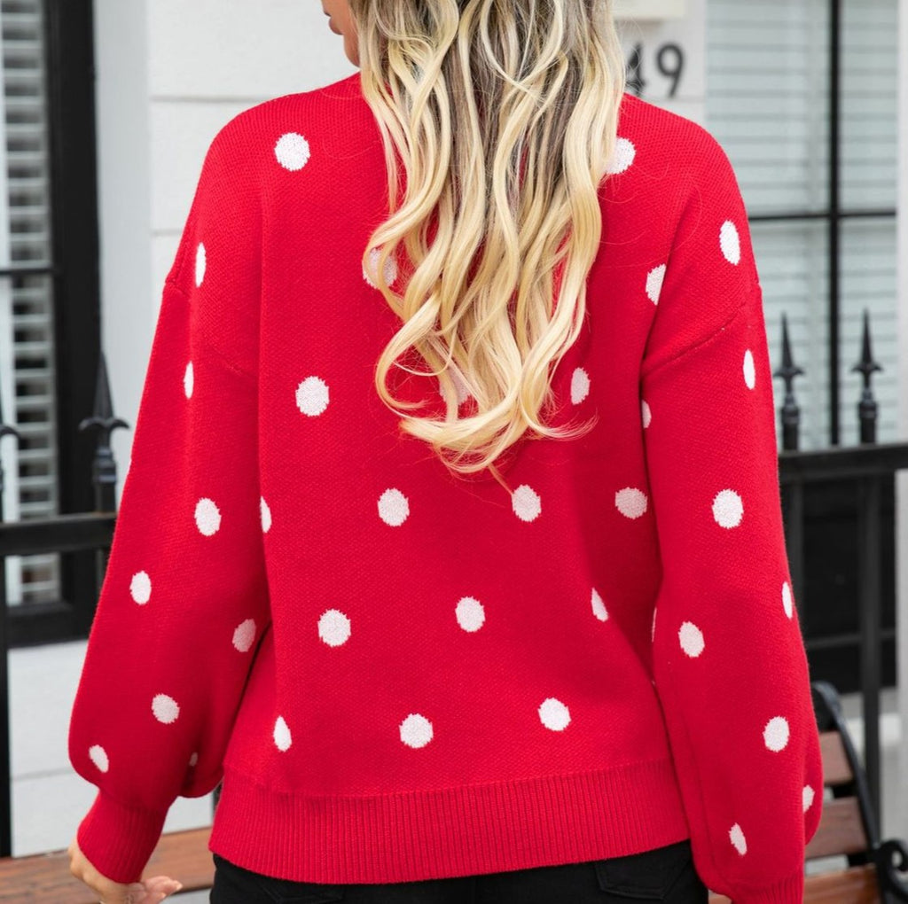 Polka Dot Balloon Sleeve Knit Jumper - Red - 2
