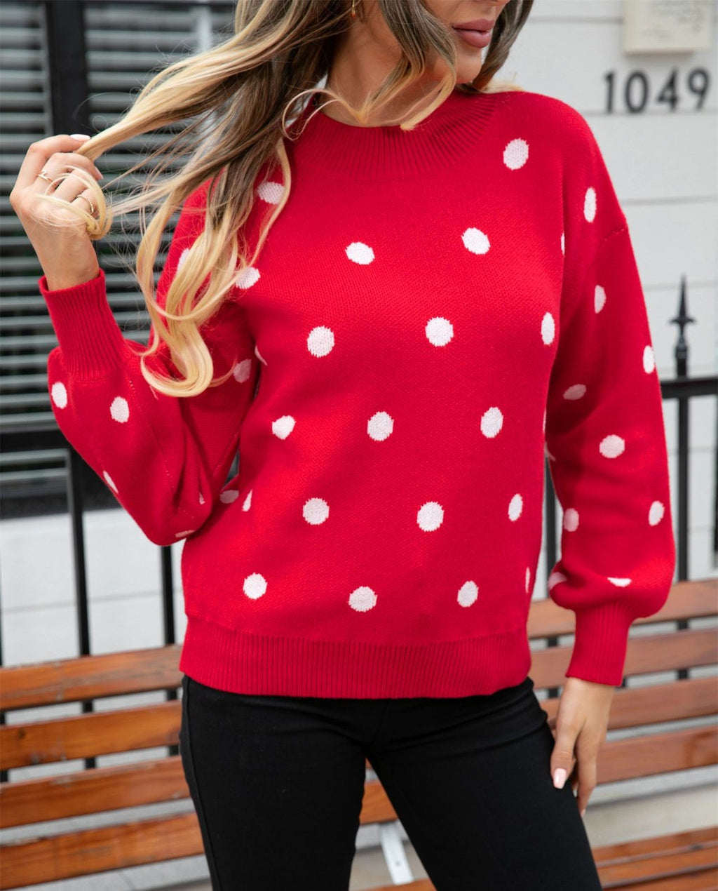 Polka Dot Balloon Sleeve Knit Jumper - Red - 3