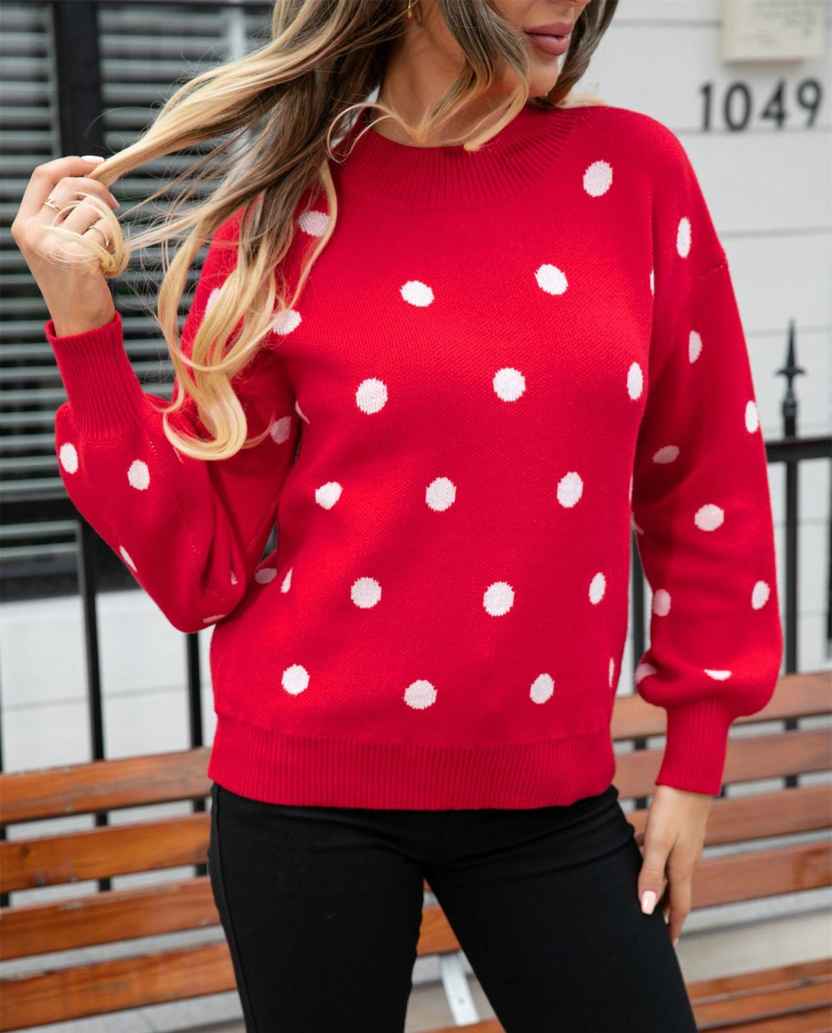 Polka Dot Balloon Sleeve Knit Jumper - Red - 3
