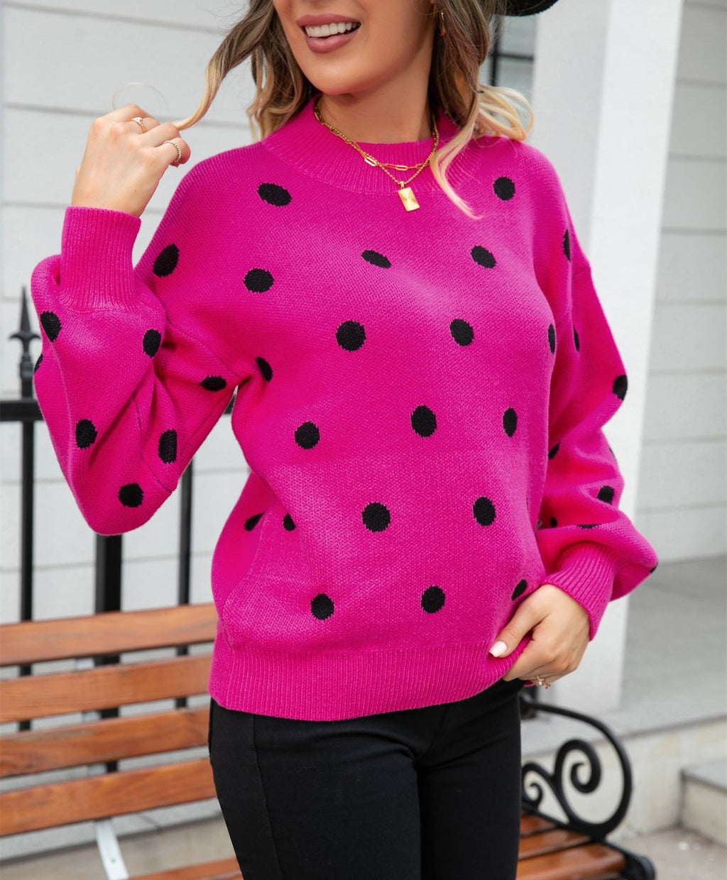 Polka Dot Balloon Sleeve Knit Jumper - RoseRed