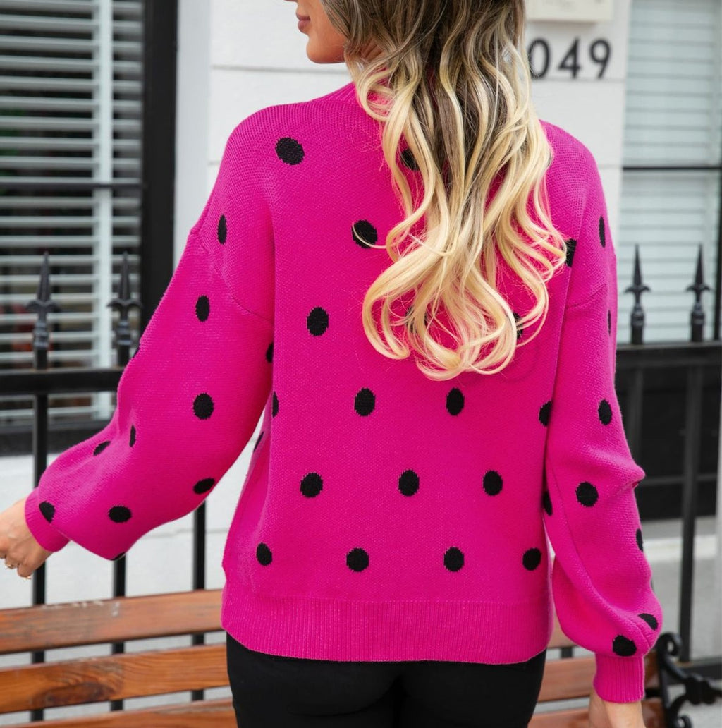 Polka Dot Balloon Sleeve Knit Jumper - RoseRed - 2