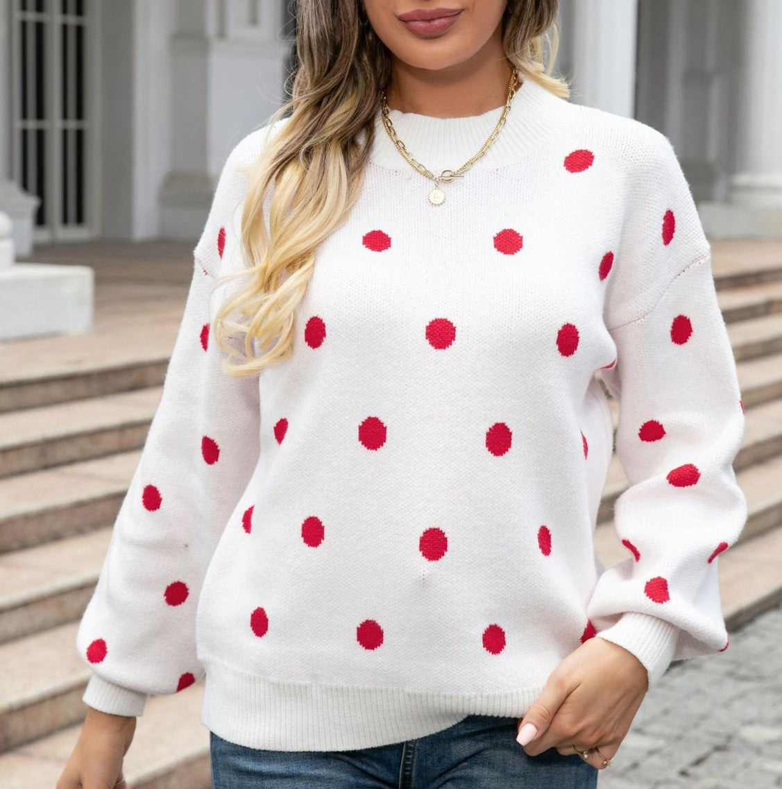 Polka Dot Balloon Sleeve Knit Jumper - White
