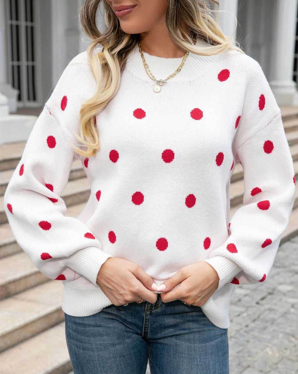 Polka Dot Balloon Sleeve Knit Jumper - White - 1