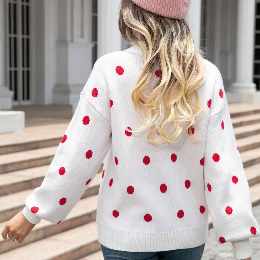 Polka Dot Balloon Sleeve Knit Jumper - White - 2