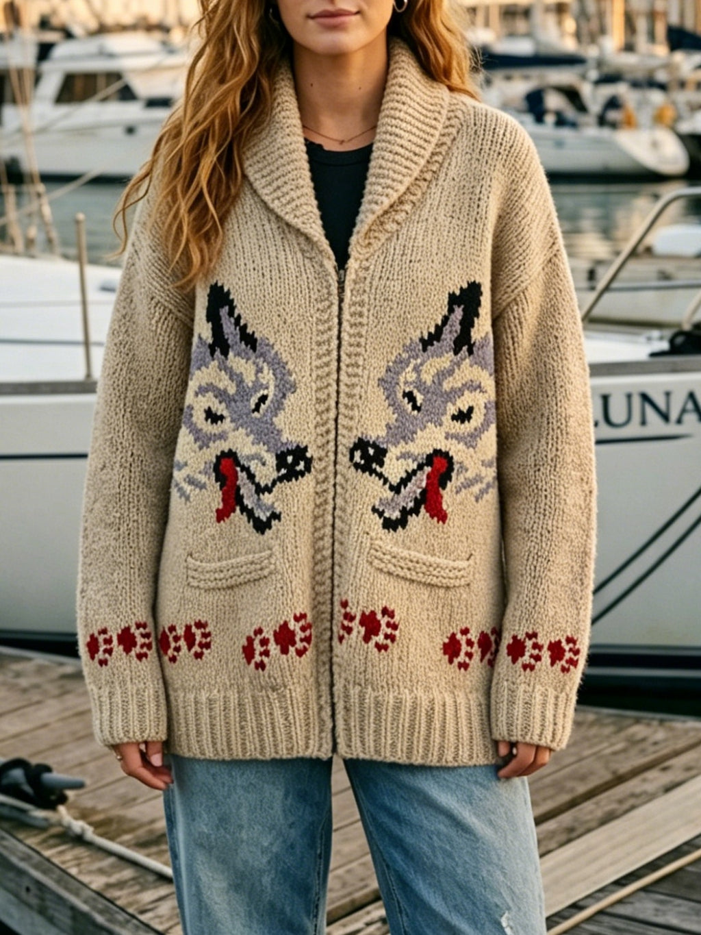 Fox Intarsia Shawl Collar Zip Cardigan - Beige
