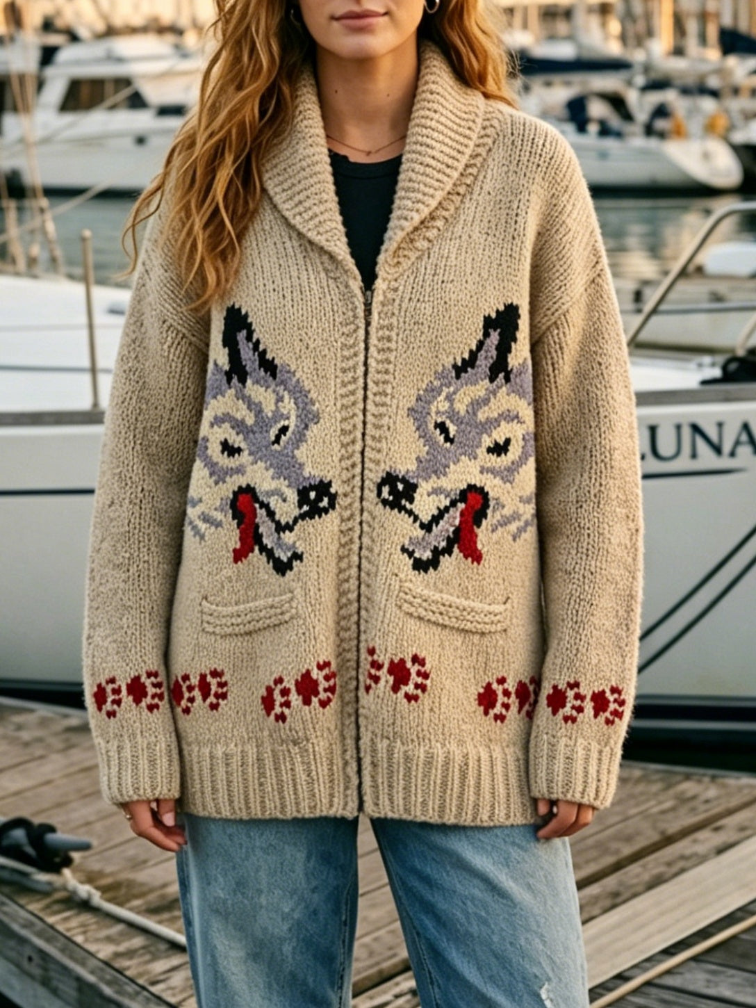 Fox Intarsia Shawl Collar Zip Cardigan - Beige