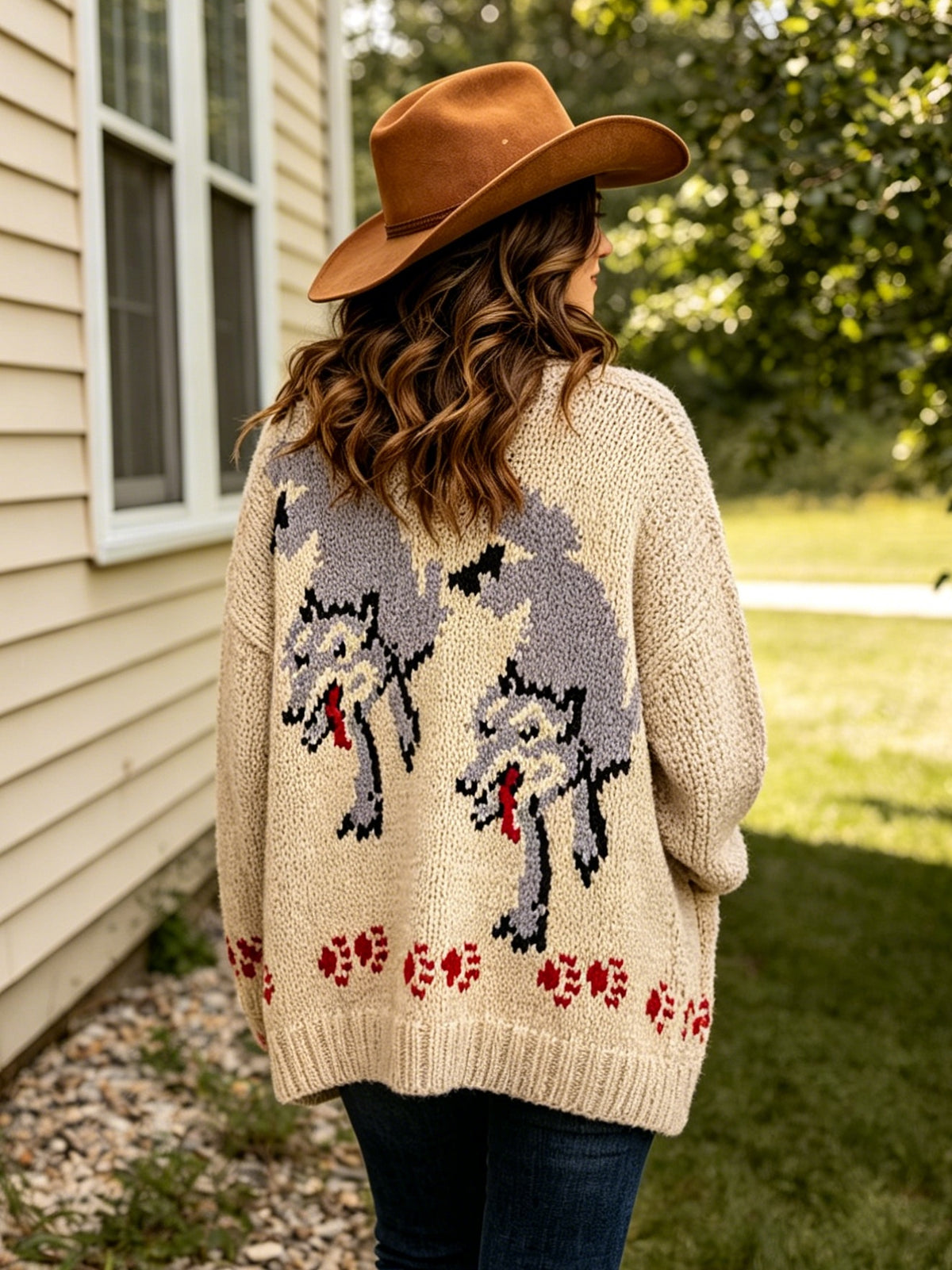 Fox Intarsia Shawl Collar Zip Cardigan - Beige - 1