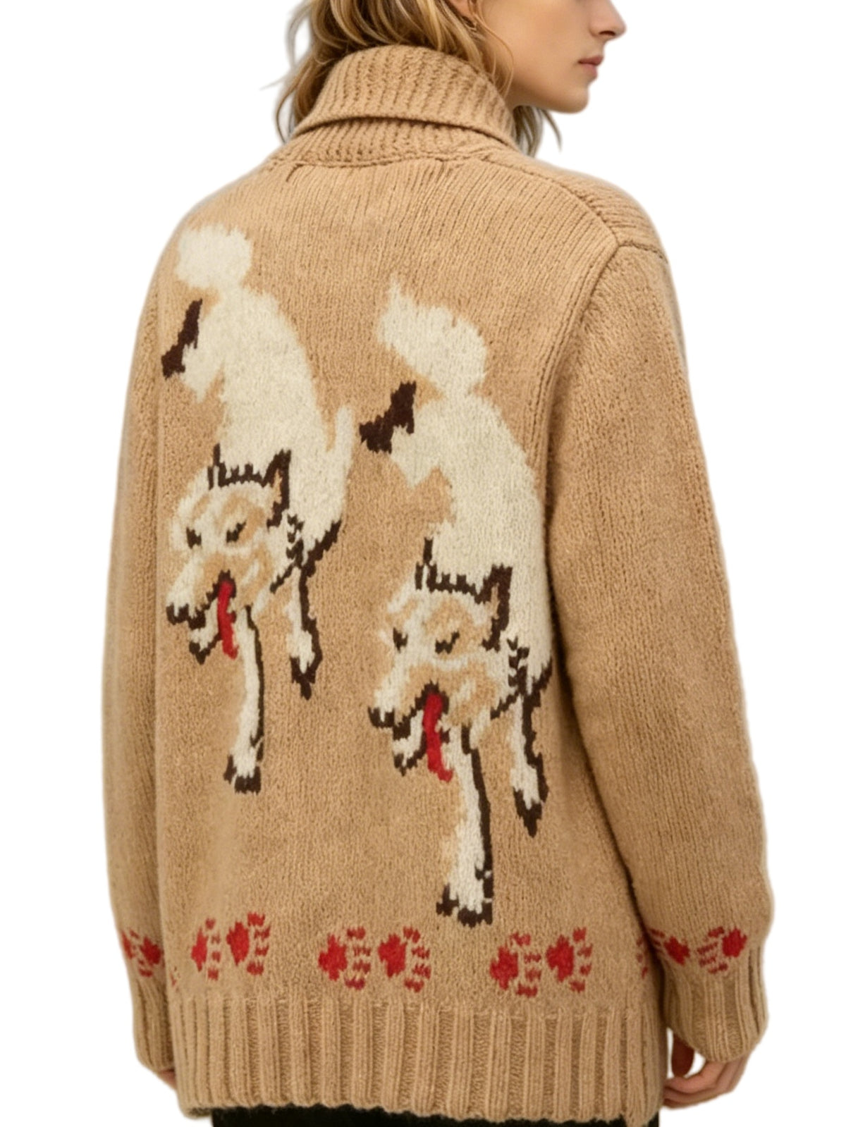 Fox Intarsia Shawl Collar Zip Cardigan - Camel - 1