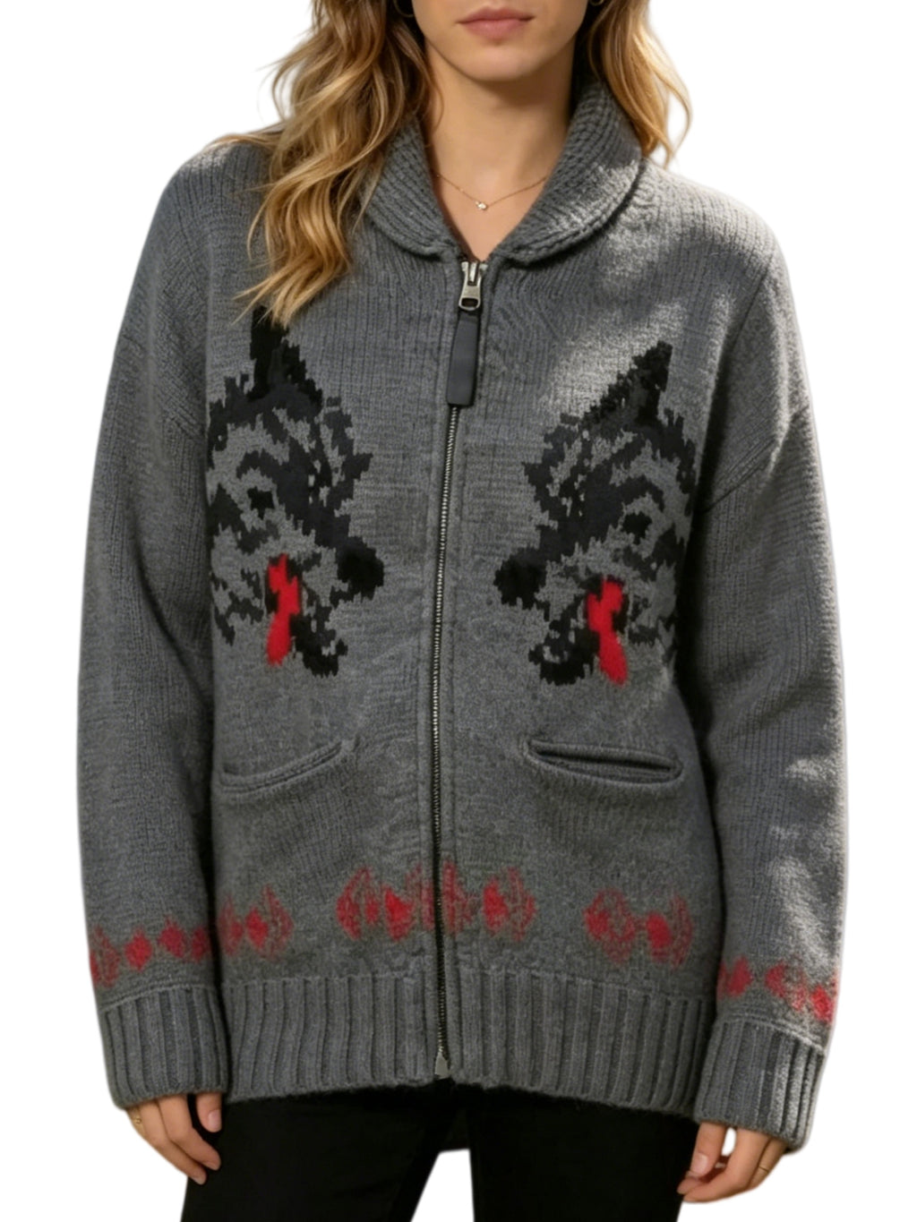 Fox Intarsia Shawl Collar Zip Cardigan - Grey
