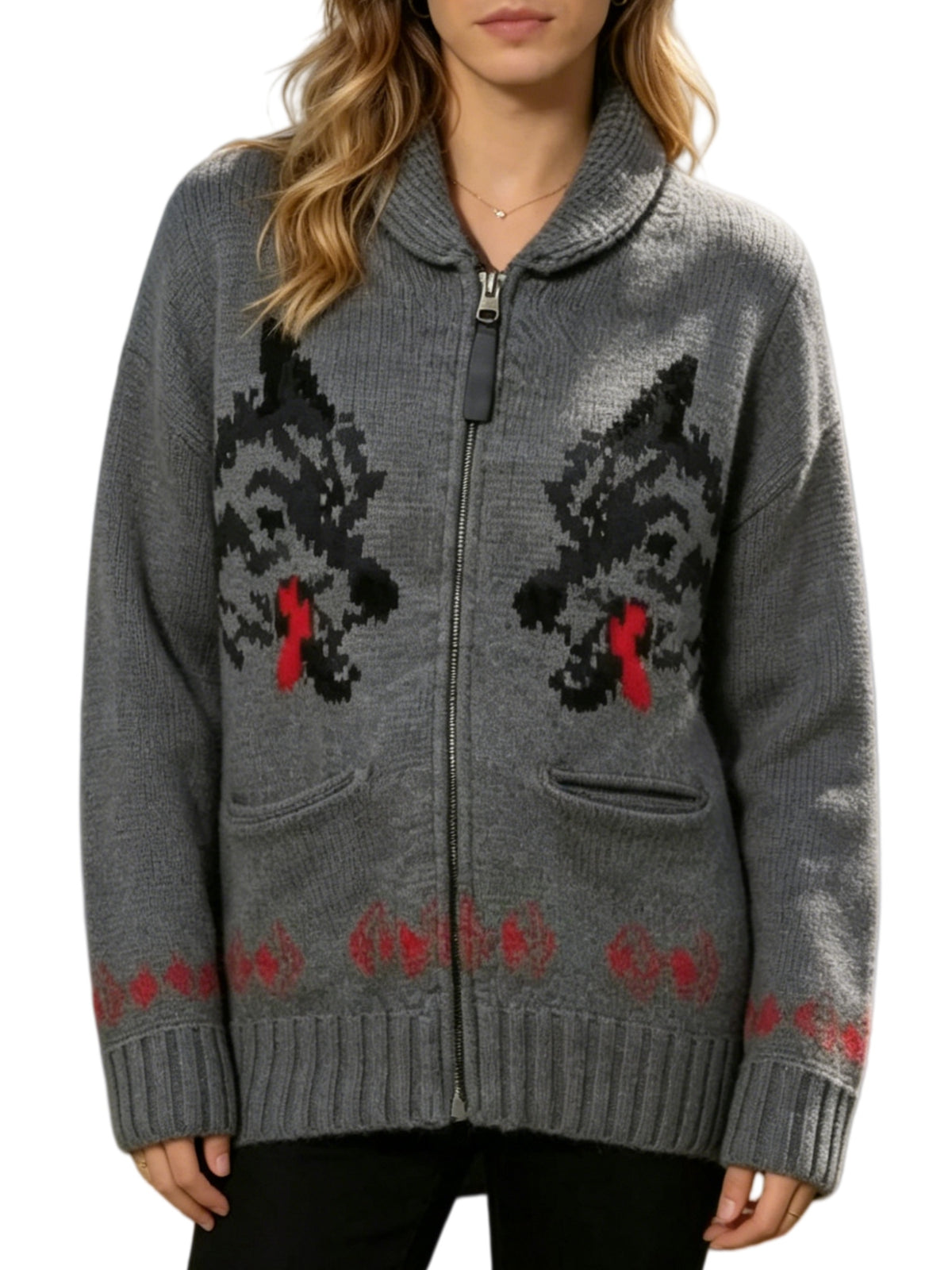 Fox Intarsia Shawl Collar Zip Cardigan - Grey