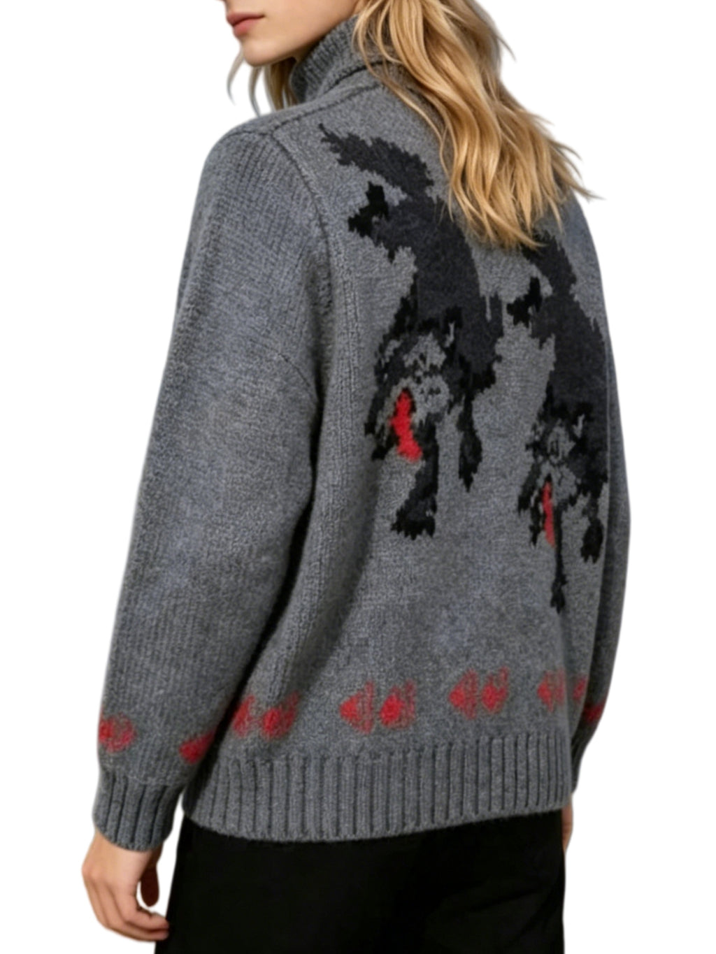 Fox Intarsia Shawl Collar Zip Cardigan - Grey - 1