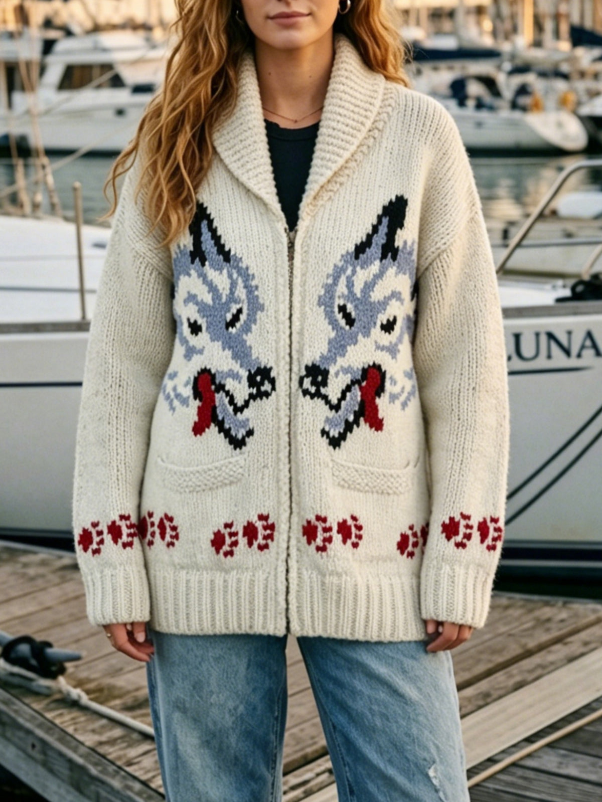 Fox Intarsia Shawl Collar Zip Cardigan - Offwhite