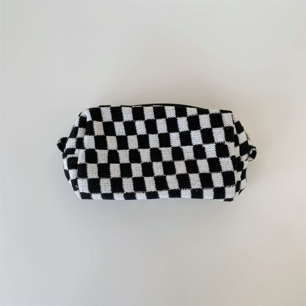 Boxy Checkerboard Zip Makeup Bag - Black