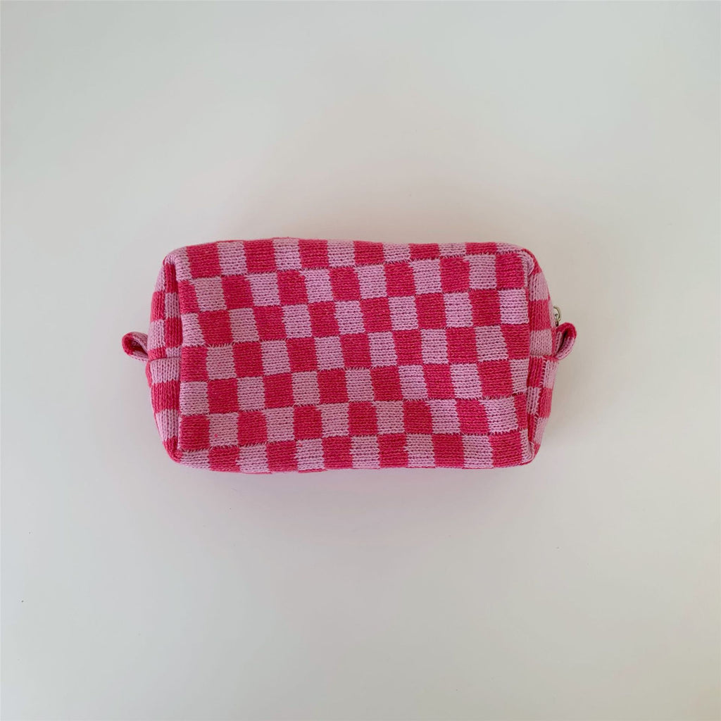 Boxy Checkerboard Zip Makeup Bag - Pink
