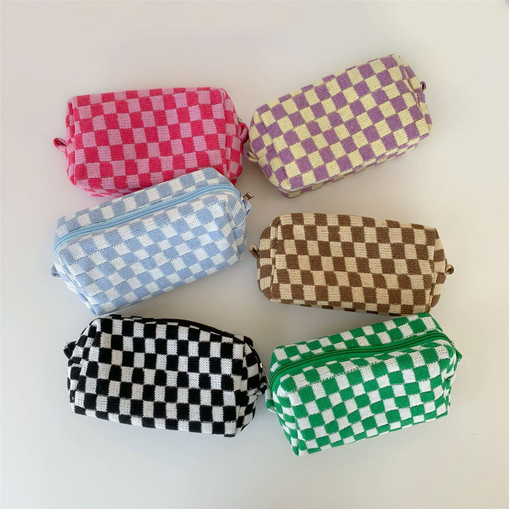 Boxy Checkerboard Zip Makeup Bag