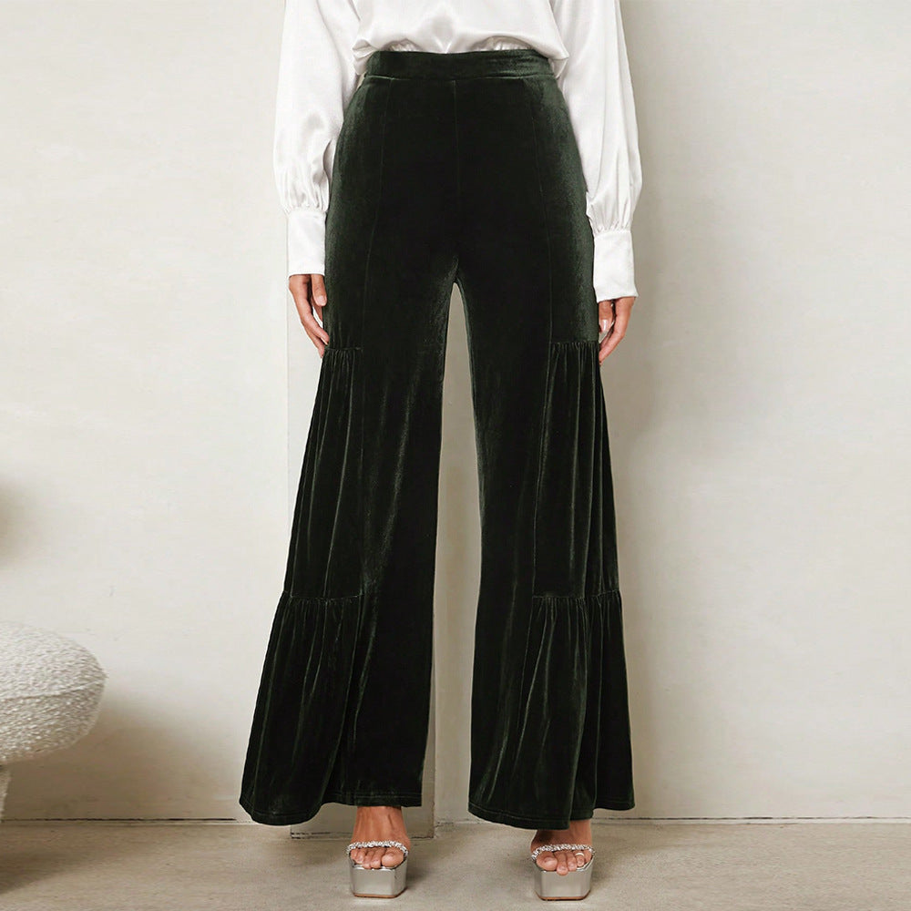 High Waisted Velvet Tiered Wide Leg Pants - Darkgreen