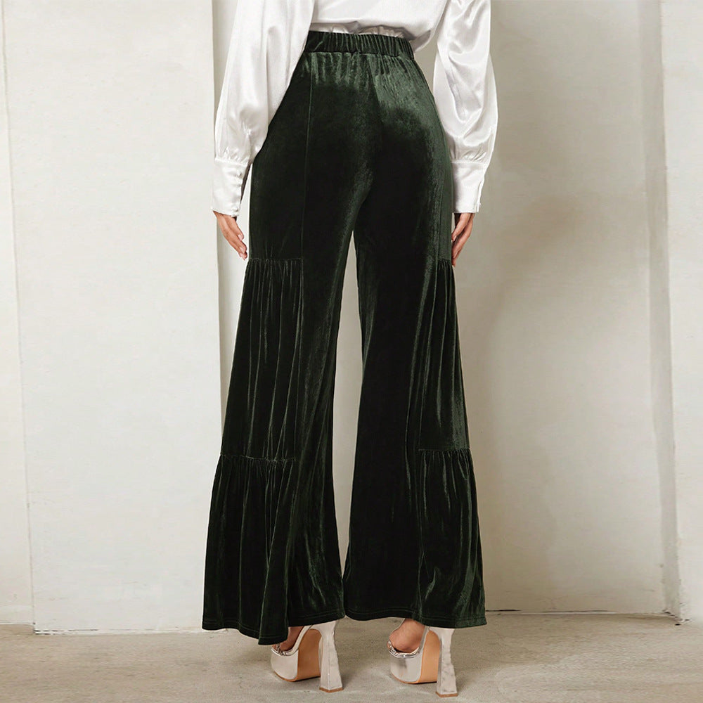 High Waisted Velvet Tiered Wide Leg Pants - Darkgreen - 2