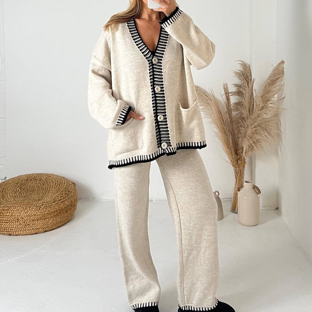 Contrast Trim Cardigan And Pants Set - Beige