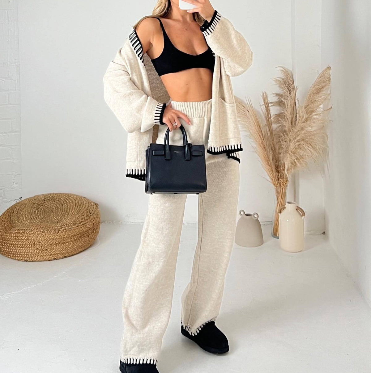 Contrast Trim Cardigan And Pants Set - Beige - 1