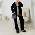 Contrast Trim Cardigan And Pants Set - Black