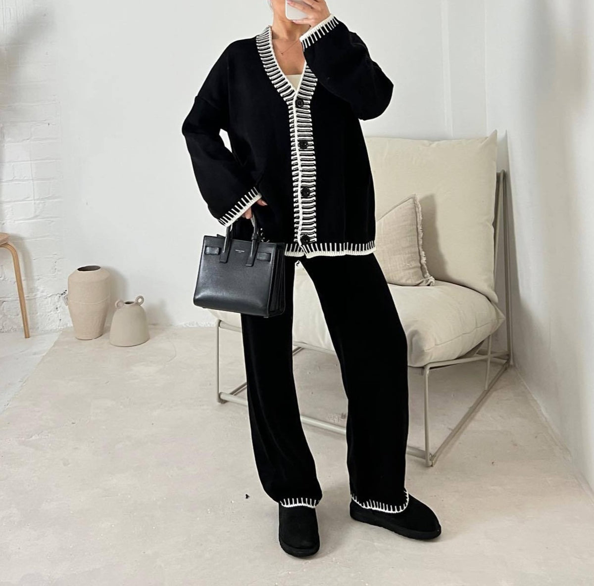Contrast Trim Cardigan And Pants Set - Black