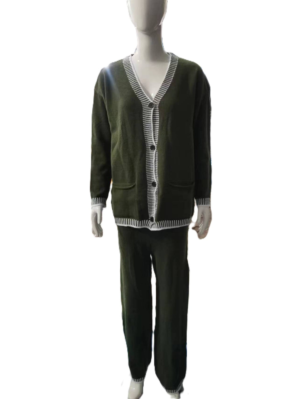 Contrast Trim Cardigan And Pants Set - Green